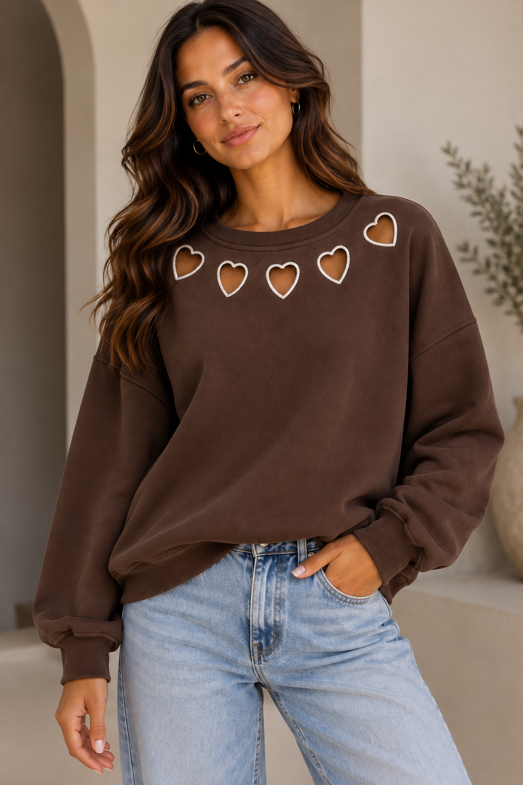🤍 Heart Sweater – Beige & Chocolate 🤎